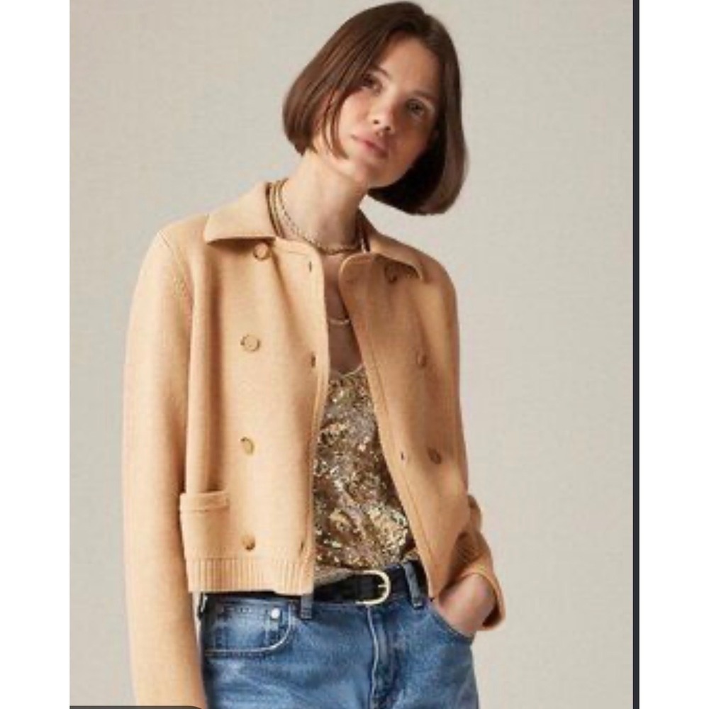 J.Crew L Marielle Cropped Cardigan Double Breasted Sweater Blazer Cotton Camel